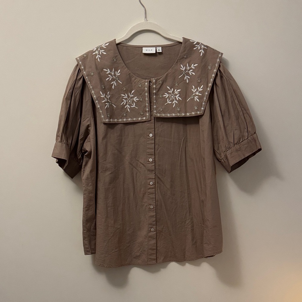 VILA Taupe Embroidered Blouse